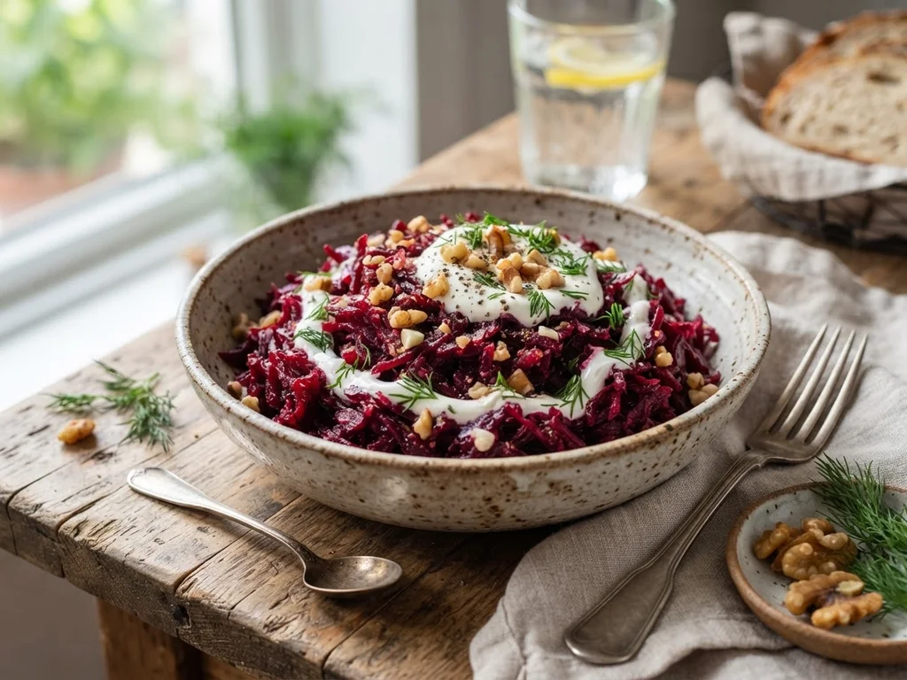 Свекольный салат с чесноком и грецким орехом